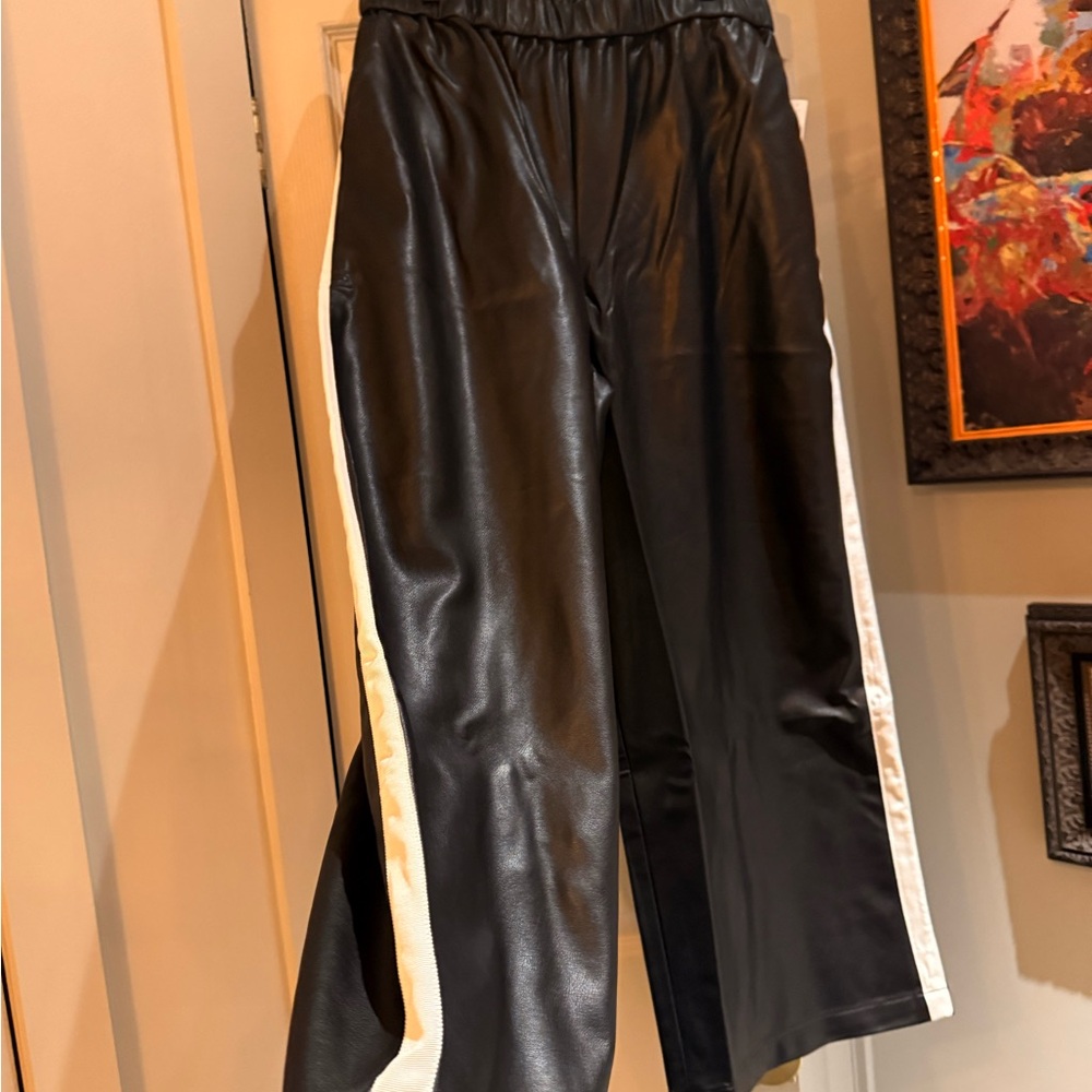 Anthropologie Black Wide-Leg Faux Leather Pants with Cream Side Stripe